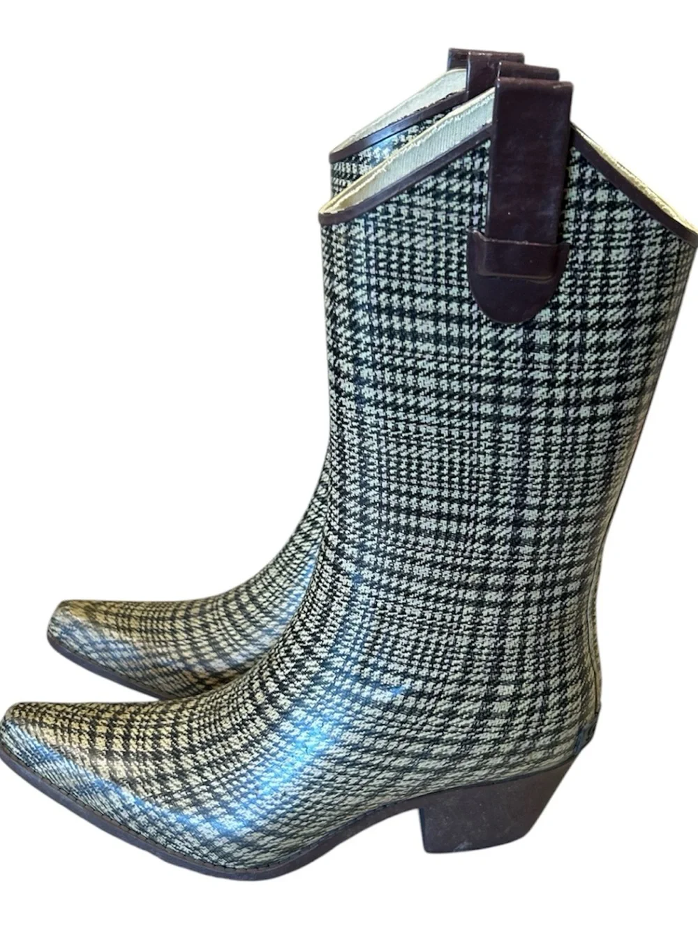 Corkys Womens Brown Houndstooth Rubber Western Rain Boots Academia Preppy Sz 9